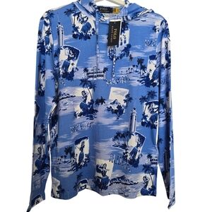 NWT Polo Ralph Lauren Blue Hula Girl Palm Tree Hawaii Scenic Print Hoodie